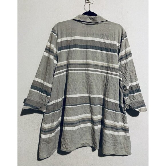 Habitat Top Womens Large Gray Sand Striped Toggle Buttons Tunic Gauzy Lagenlook - Picture 4 of 8